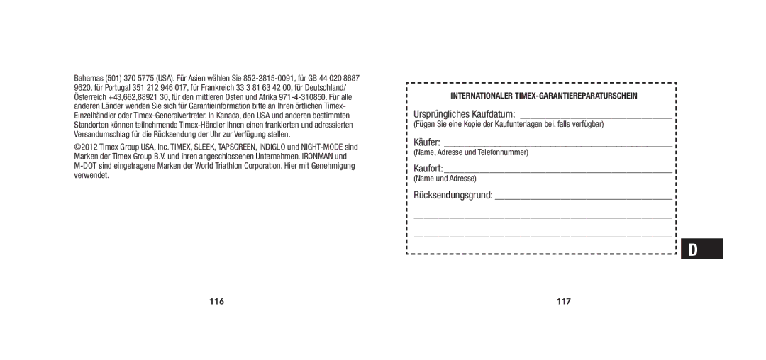 Timex W279 Ursprüngliches Kaufdatum , Käufer, Kaufort, Rücksendungsgrund, Internationaler TIMEX-GARANTIEREPARATURSCHEIN 